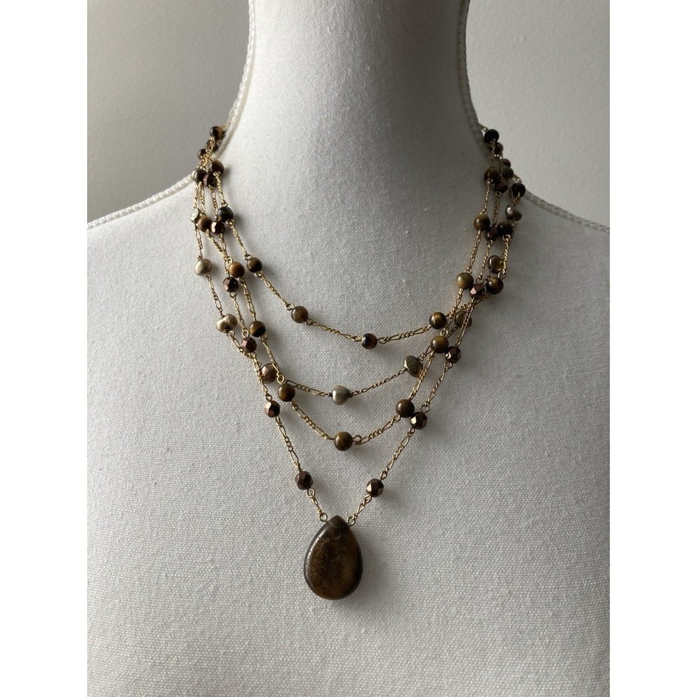 Multi Strand Tiger's Eye Stone Bead Pendant Necklace Gold Tone Layered